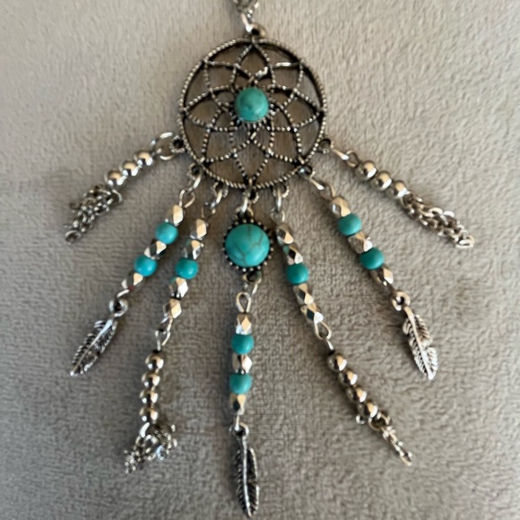 Silver tone and turquoise long necklace. Dream catcher motif. - Picture 4 of 10